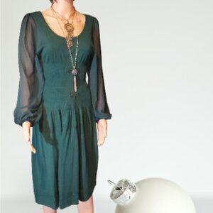 Lapis Women's Dark Green Woven Long Sheer Sleeve Smocked Long Sweater Dress SZ L